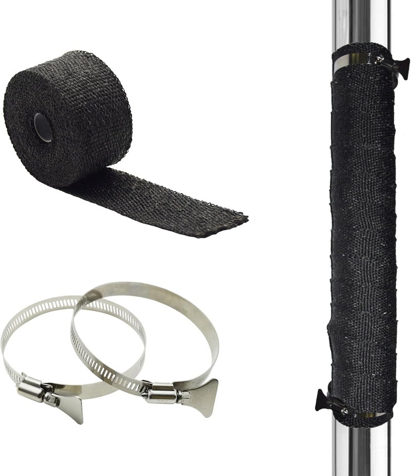 DOBTIM Fireproof Pipe Wrap Insulation 2" Wide X 16' Long, Fiberglass Heat Shield Tape Pipe Webbing for Stove Flue Protector with 2 Clamps, Black - Image 1